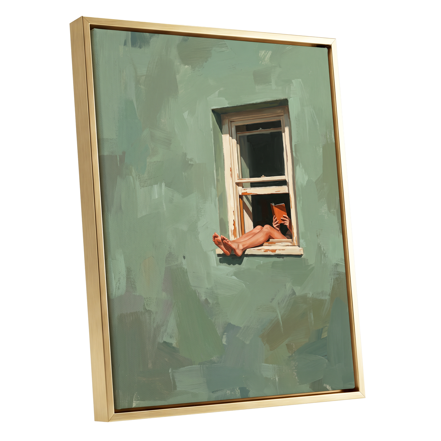 Window Reading, green, beige, white minimalist wall art shown as a gold framed canvas wall art