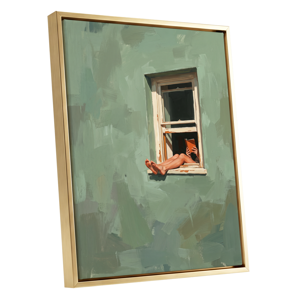 Window Reading, green, beige, white minimalist wall art shown as a gold framed canvas wall art