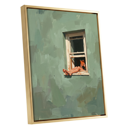 Window Reading, green, beige, white minimalist wall art shown as a gold framed canvas wall art