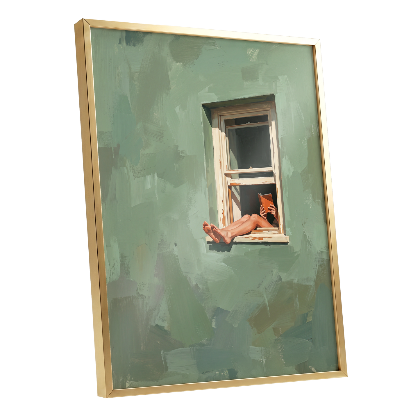 Window Reading, green, beige, white minimalist wall art shown as a gold framed poster wall art print