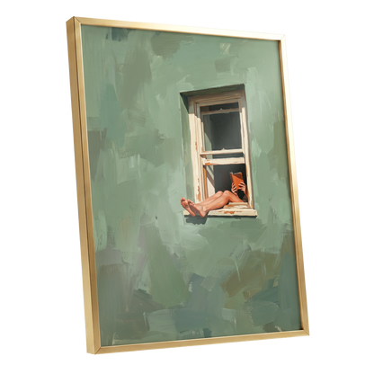 Window Reading, green, beige, white minimalist wall art shown as a gold framed poster wall art print