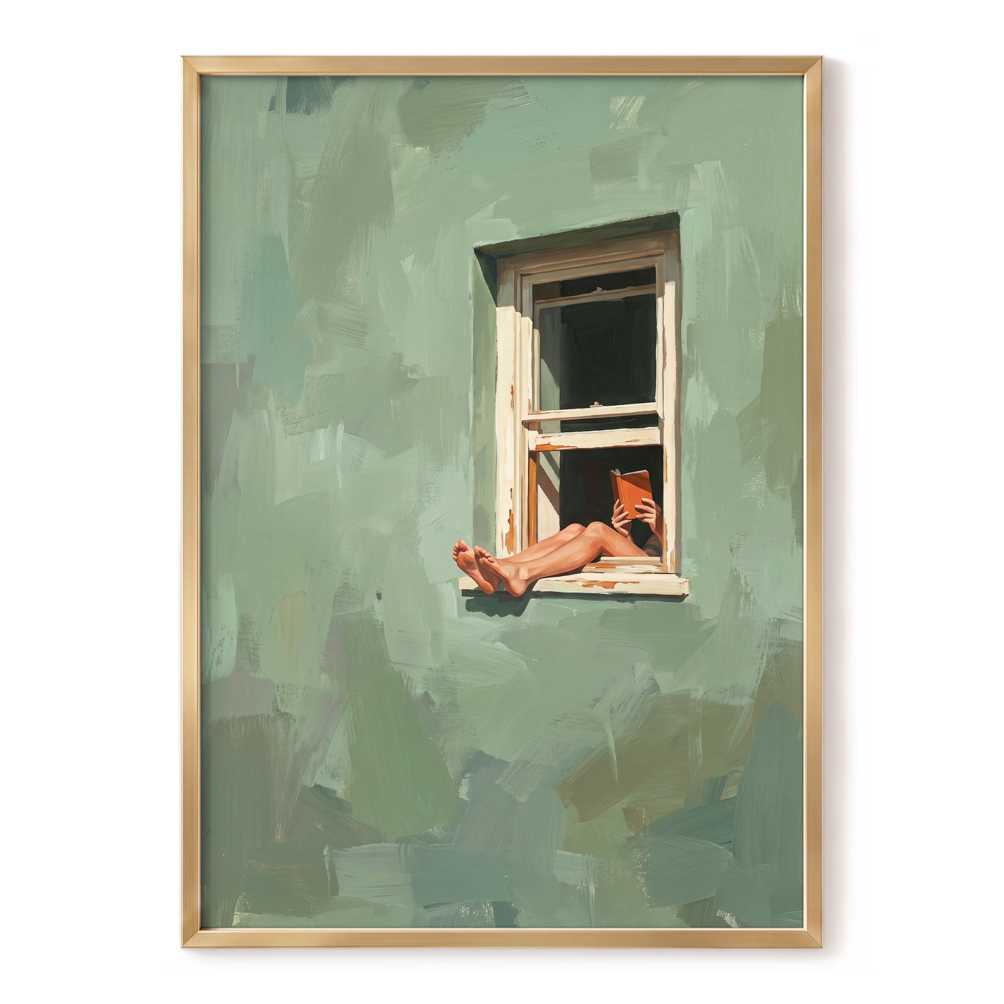 Window Reading, green, beige, white minimalist wall art, front artwork view