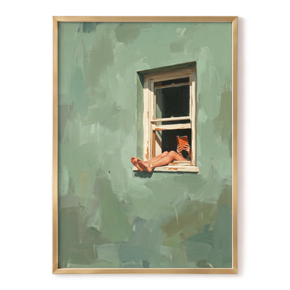 Window Reading, green, beige, white minimalist wall art, front artwork view