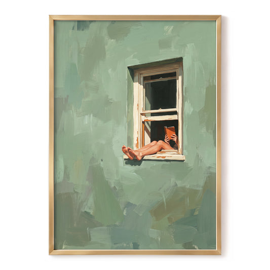 Window Reading, green, beige, white minimalist wall art, front artwork view
