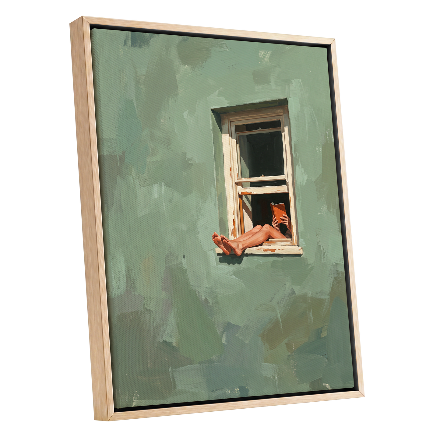 Window Reading, green, beige, white minimalist wall art shown as a oak framed canvas wall art