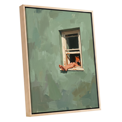 Window Reading, green, beige, white minimalist wall art shown as a oak framed canvas wall art