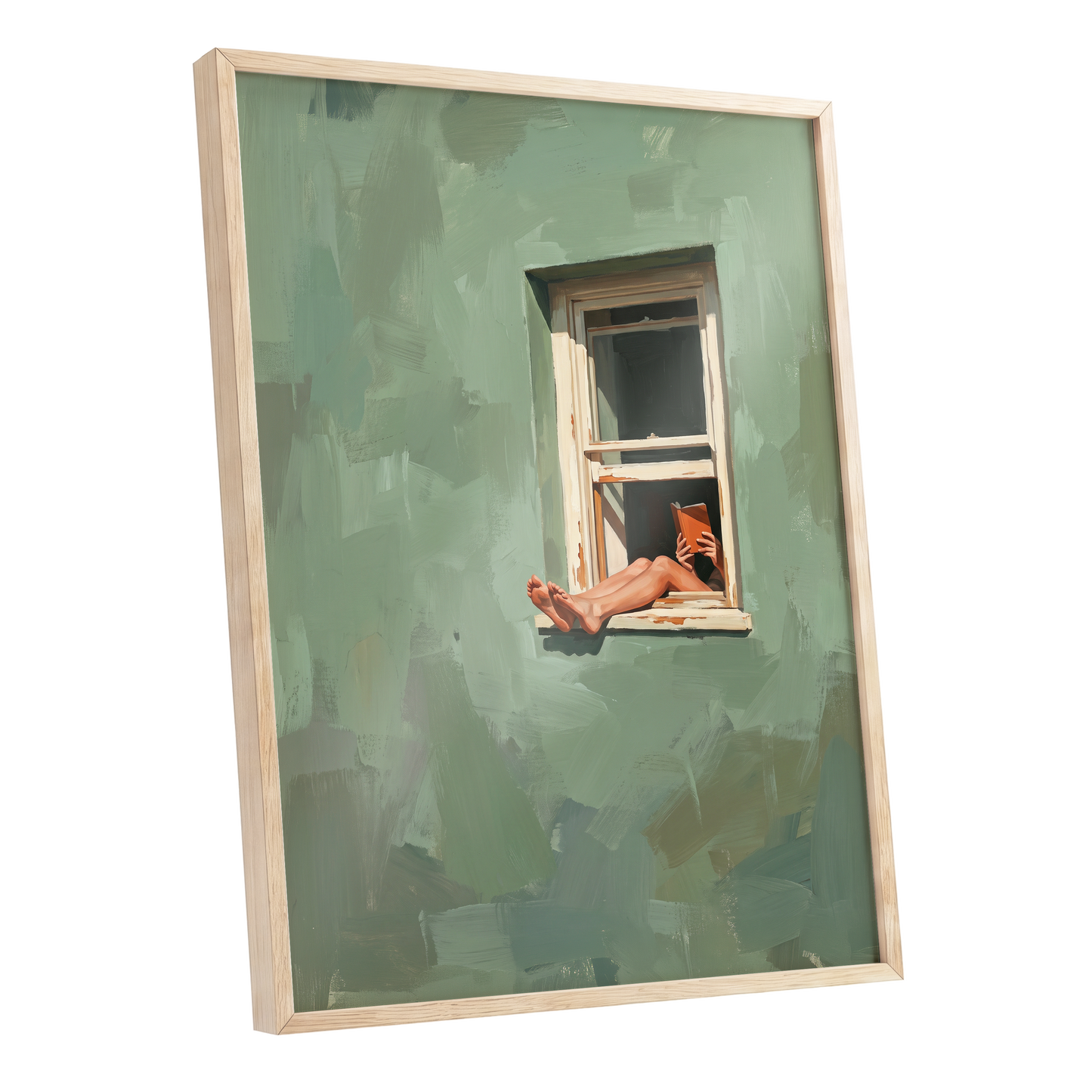 Window Reading, green, beige, white minimalist wall art shown as a oak framed poster wall art print