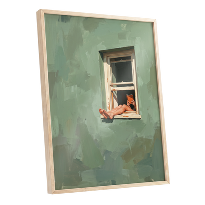 Window Reading, green, beige, white minimalist wall art shown as a oak framed poster wall art print