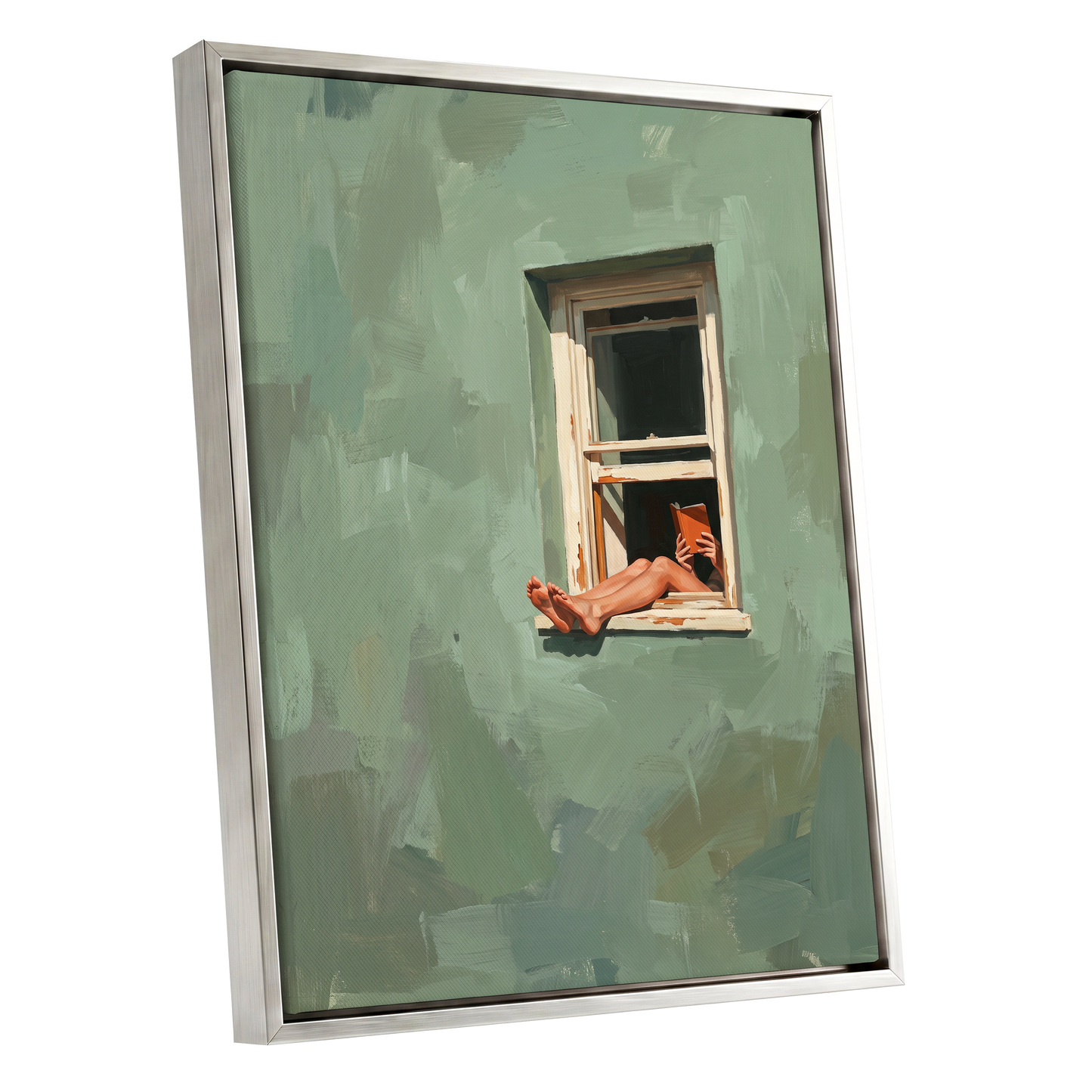 Window Reading, green, beige, white minimalist wall art shown as a silver framed canvas wall art