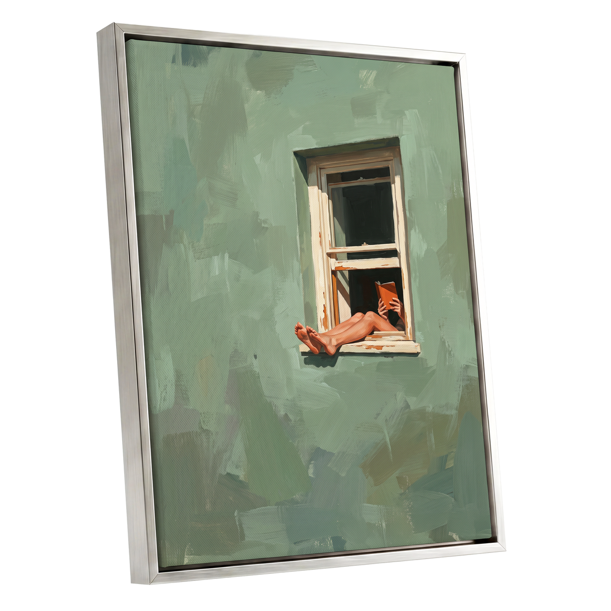 Window Reading, green, beige, white minimalist wall art shown as a silver framed canvas wall art