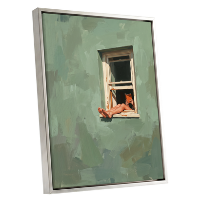 Window Reading, green, beige, white minimalist wall art shown as a silver framed canvas wall art
