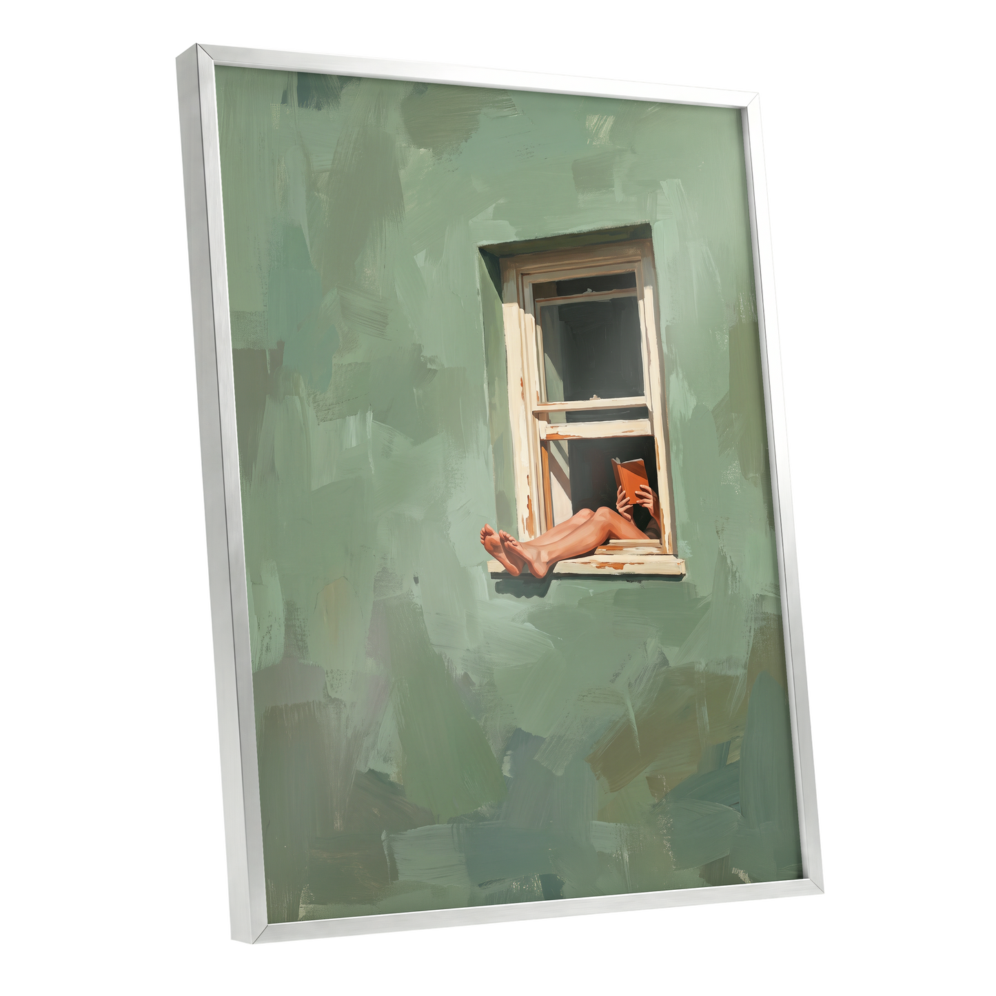 Window Reading, green, beige, white minimalist wall art shown as a silver framed poster wall art print