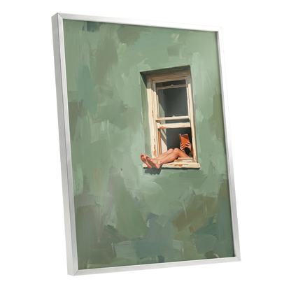 Window Reading, green, beige, white minimalist wall art shown as a silver framed poster wall art print