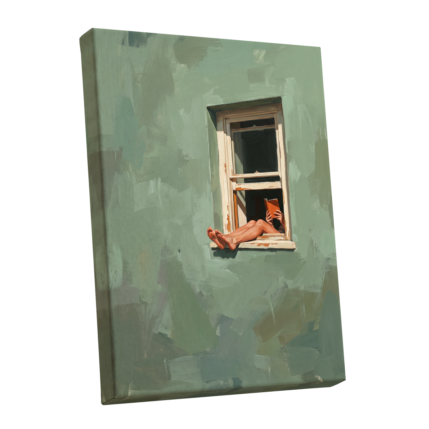 Window Reading, green, beige, white minimalist wall art shown as a stretched canvas wall art