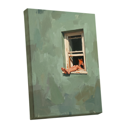 Window Reading, green, beige, white minimalist wall art shown as a stretched canvas wall art