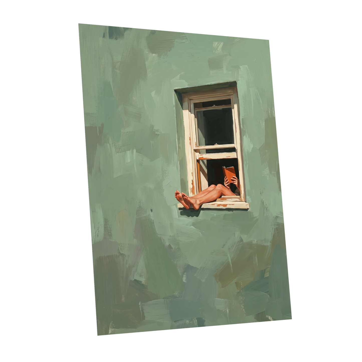 Window Reading, green, beige, white minimalist wall art shown as a unframed poster wall art print