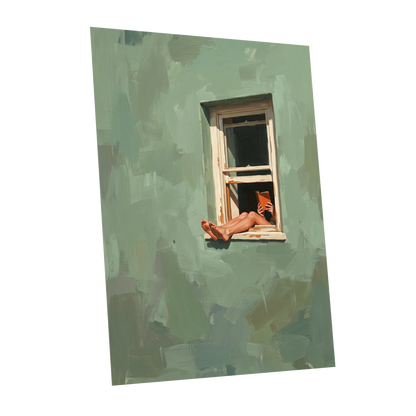Window Reading, green, beige, white minimalist wall art shown as a unframed poster wall art print