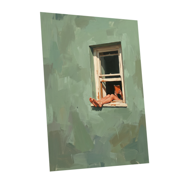 Window Reading, green, beige, white minimalist wall art shown as a unframed poster wall art print