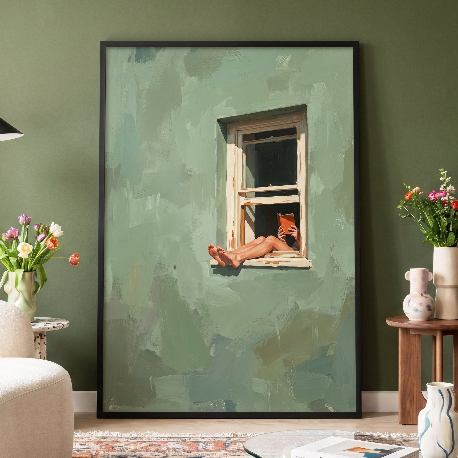 Window Reading, green, beige, white minimalist wall art displayed in a styled interior, gallery view 2