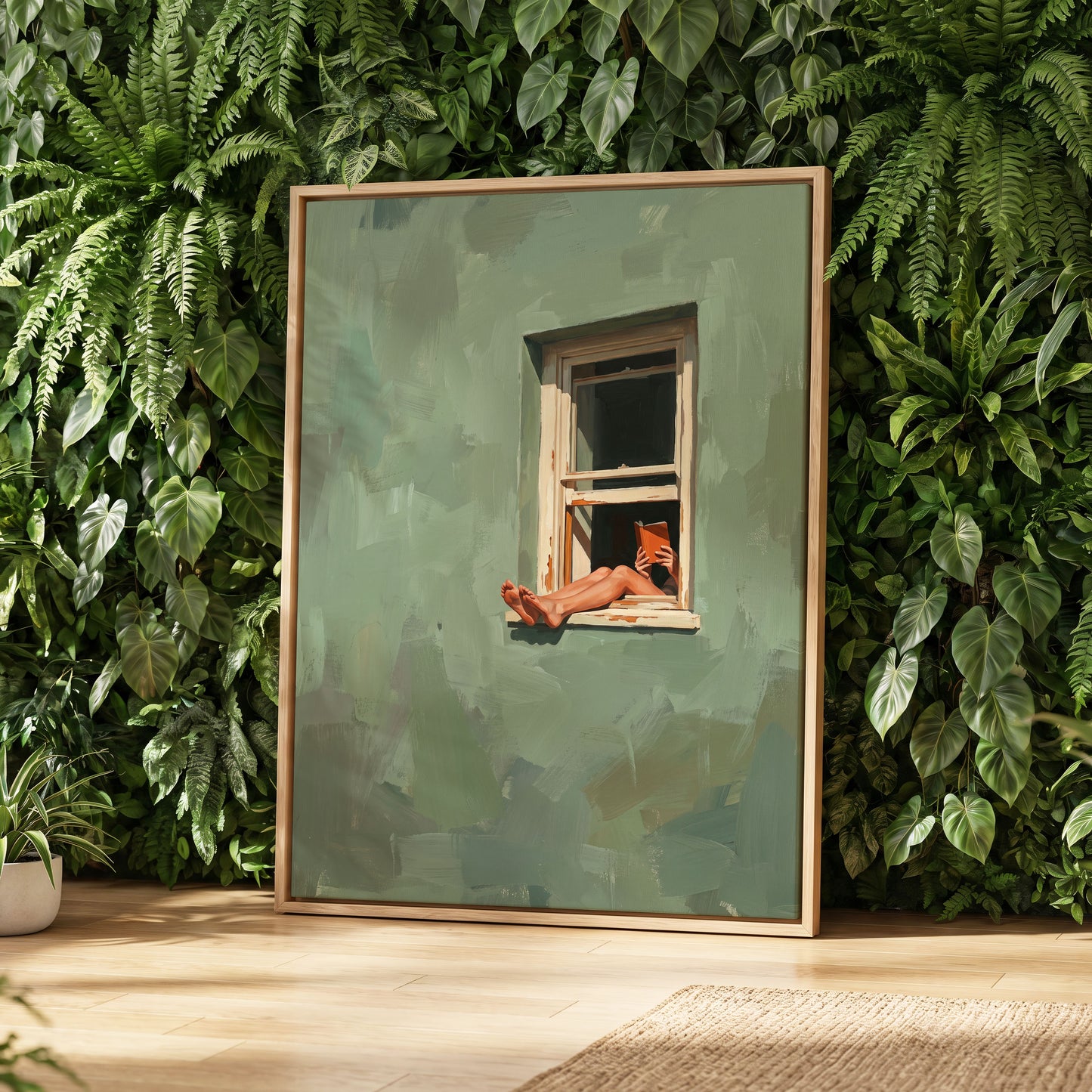 Window Reading, green, beige, white minimalist wall art displayed in a styled interior, gallery view 4