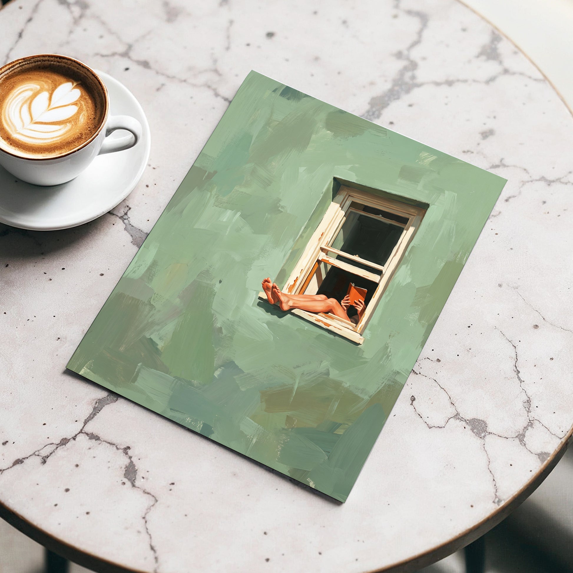 Window Reading, green, beige, white minimalist wall art displayed in a styled interior, gallery view 5