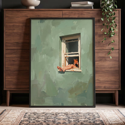 Window Reading, green, beige, white minimalist wall art displayed in a styled interior, gallery view 6