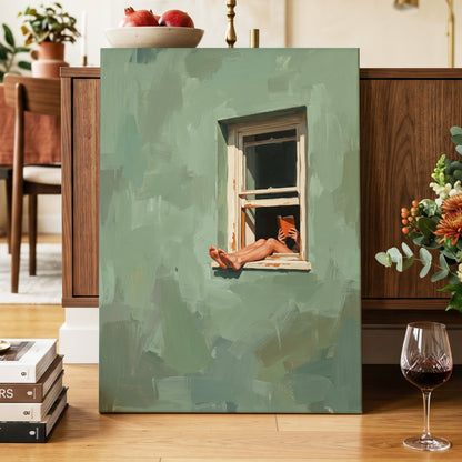 Window Reading, green, beige, white minimalist wall art displayed in a styled interior, gallery view 7