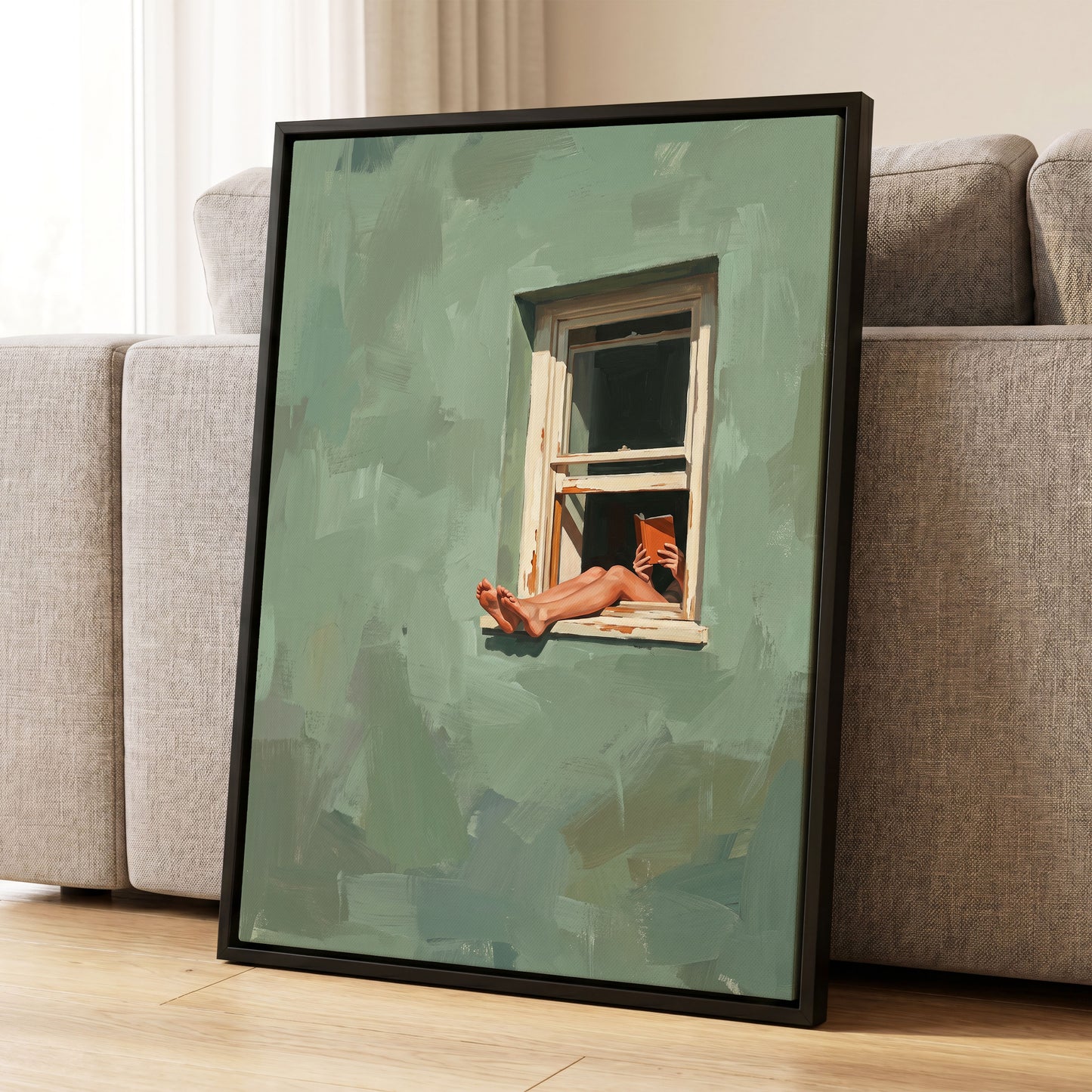 Window Reading, green, beige, white minimalist wall art displayed in a styled interior, gallery view 8