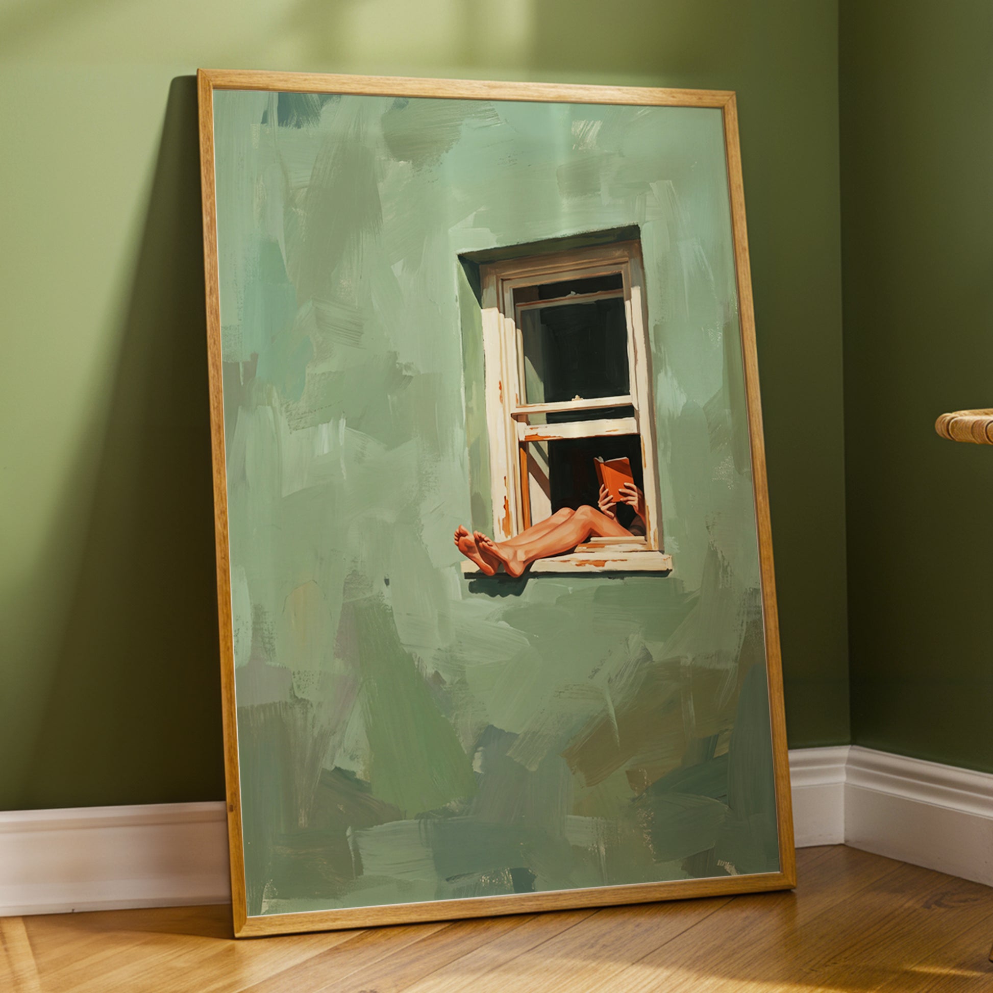 Window Reading, green, beige, white minimalist wall art displayed in a styled interior, gallery view 9