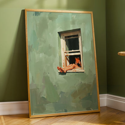 Window Reading, green, beige, white minimalist wall art displayed in a styled interior, gallery view 9