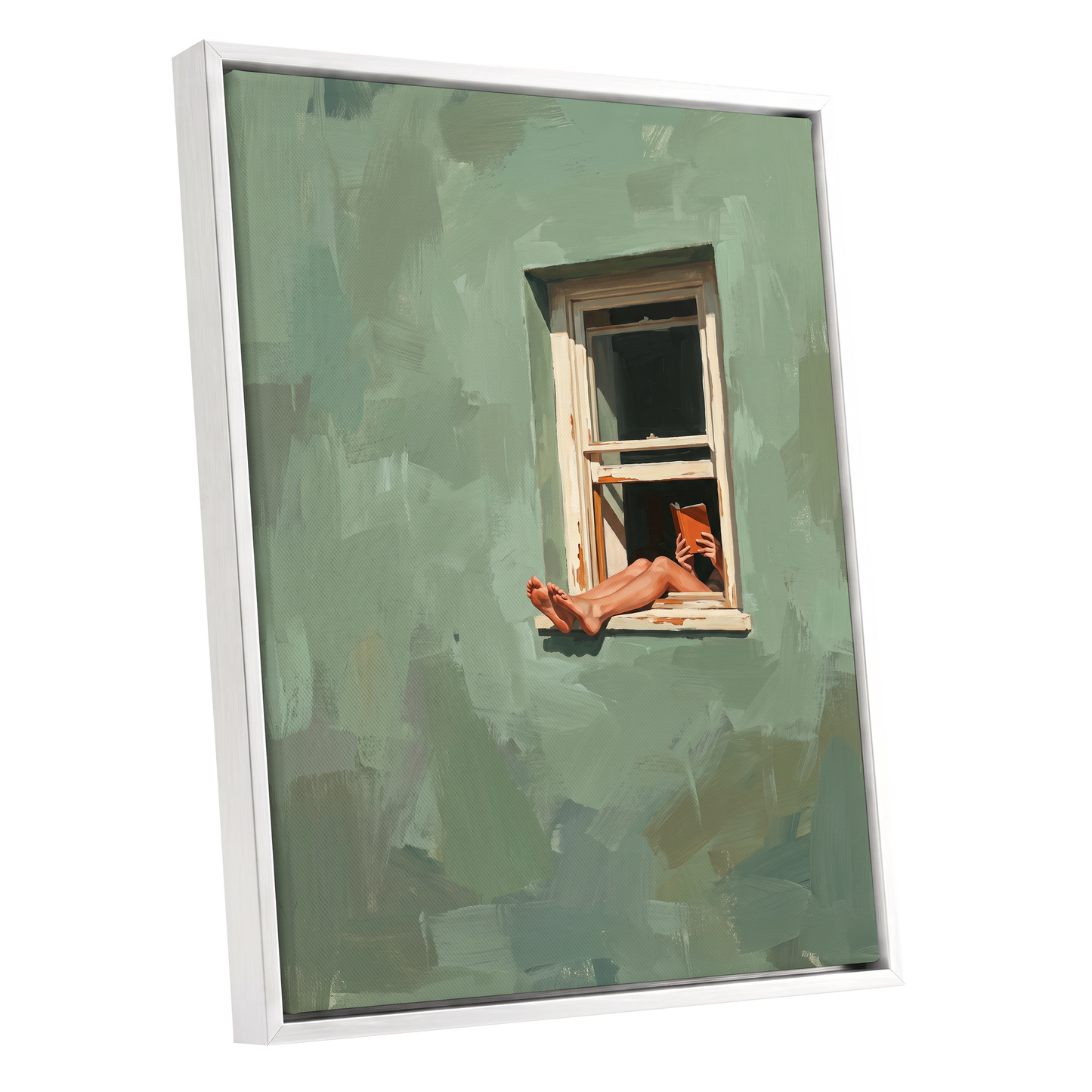 Window Reading, green, beige, white minimalist wall art shown as a white framed canvas wall art