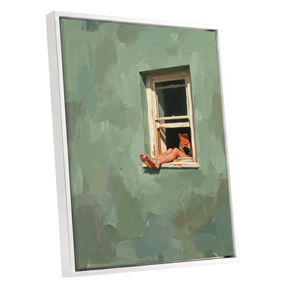Window Reading, green, beige, white minimalist wall art shown as a white framed canvas wall art