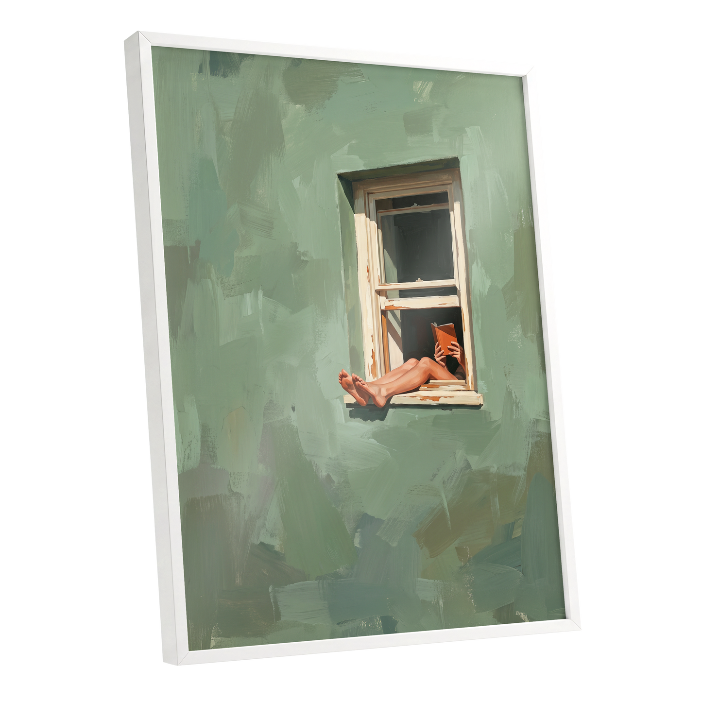 Window Reading, green, beige, white minimalist wall art shown as a white framed poster wall art print