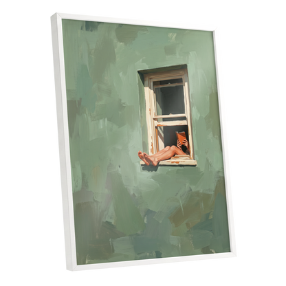 Window Reading, green, beige, white minimalist wall art shown as a white framed poster wall art print