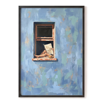 Window Seat Reverie, blue, green, brown abstract wall art, front artwork view