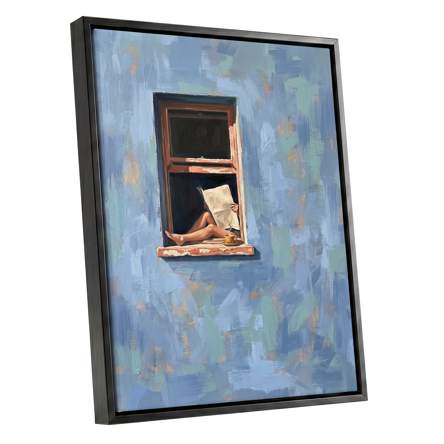 Window Seat Reverie, blue, green, brown abstract wall art shown as a black framed canvas wall art