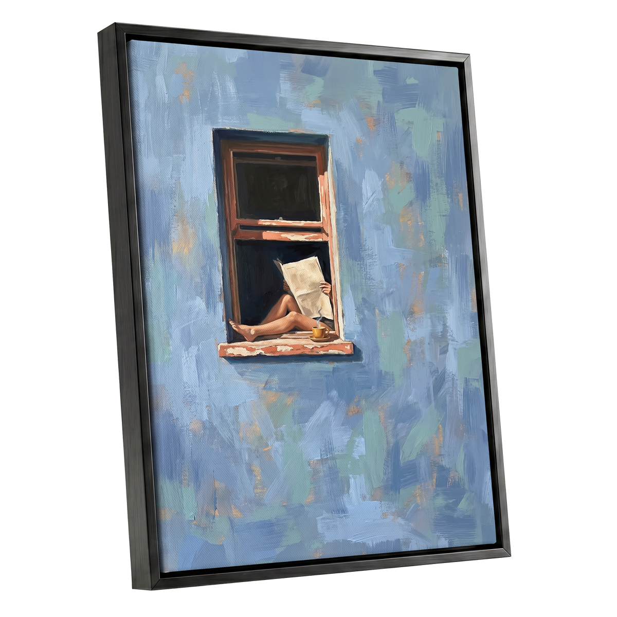 Window Seat Reverie, blue, green, brown abstract wall art shown as a black framed canvas wall art
