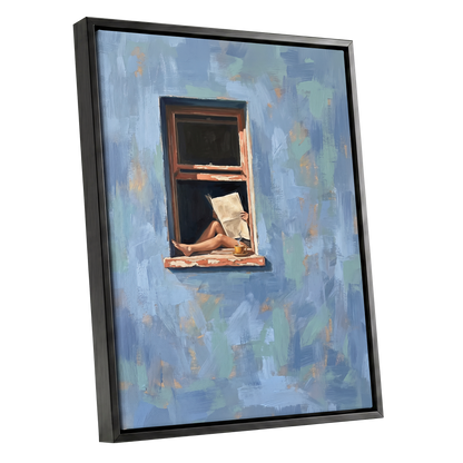 Window Seat Reverie, blue, green, brown abstract wall art shown as a black framed canvas wall art