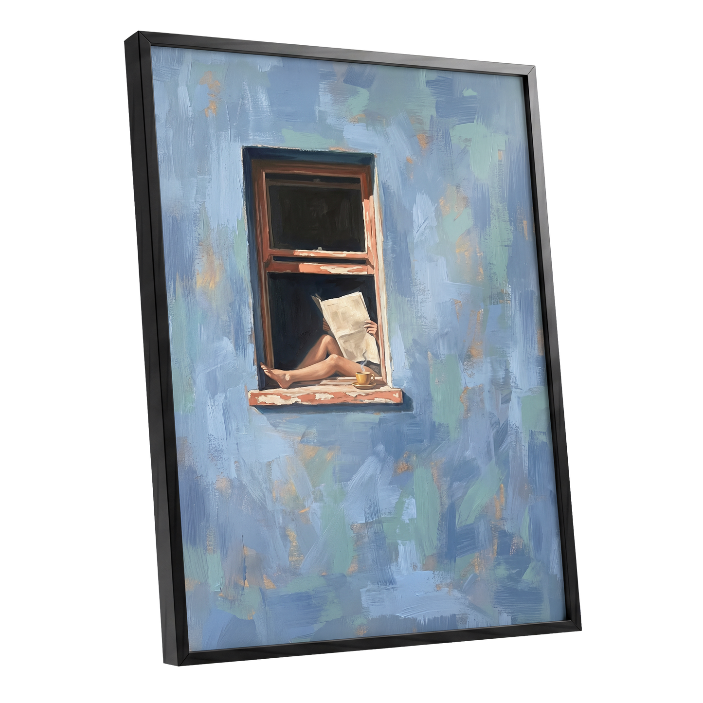 Window Seat Reverie, blue, green, brown abstract wall art shown as a black framed poster wall art print
