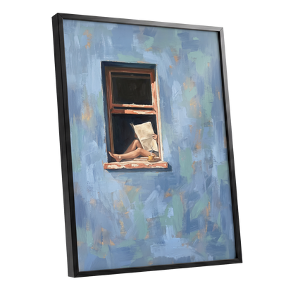 Window Seat Reverie, blue, green, brown abstract wall art shown as a black framed poster wall art print