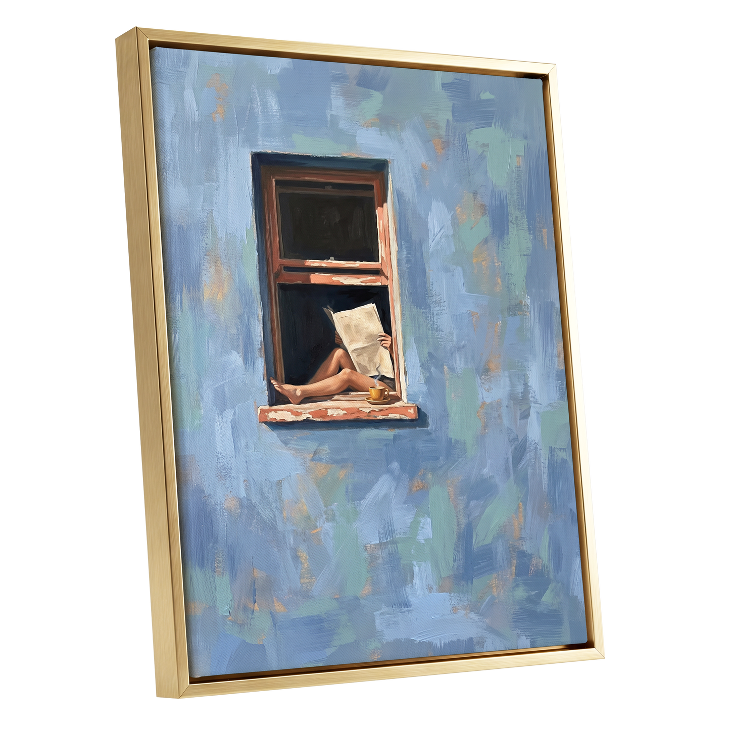 Window Seat Reverie, blue, green, brown abstract wall art shown as a gold framed canvas wall art