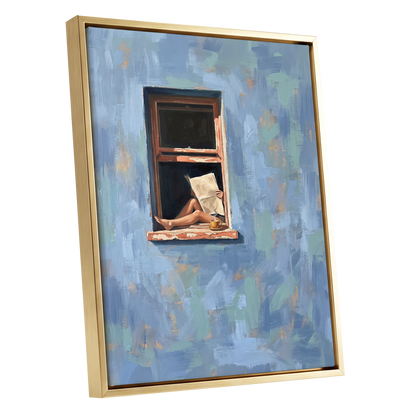 Window Seat Reverie, blue, green, brown abstract wall art shown as a gold framed canvas wall art