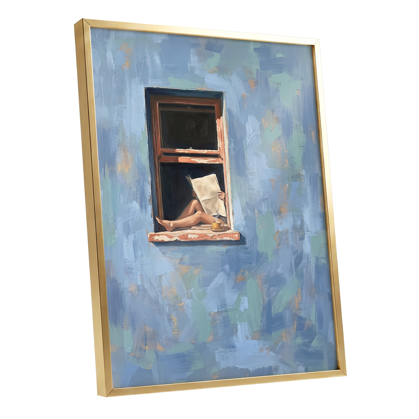 Window Seat Reverie, blue, green, brown abstract wall art shown as a gold framed poster wall art print