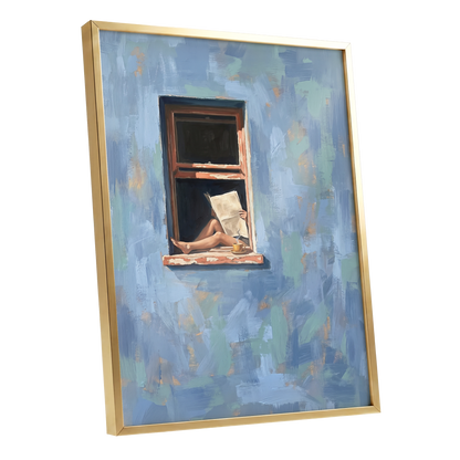 Window Seat Reverie, blue, green, brown abstract wall art shown as a gold framed poster wall art print