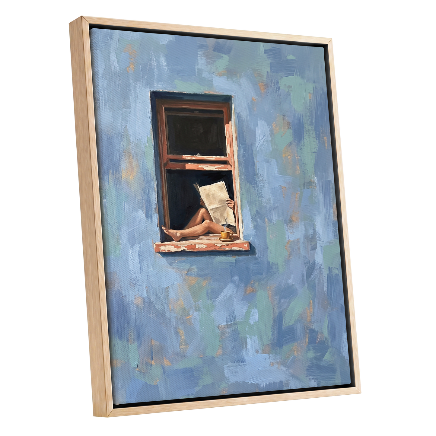 Window Seat Reverie, blue, green, brown abstract wall art shown as a oak framed canvas wall art