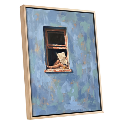 Window Seat Reverie, blue, green, brown abstract wall art shown as a oak framed canvas wall art