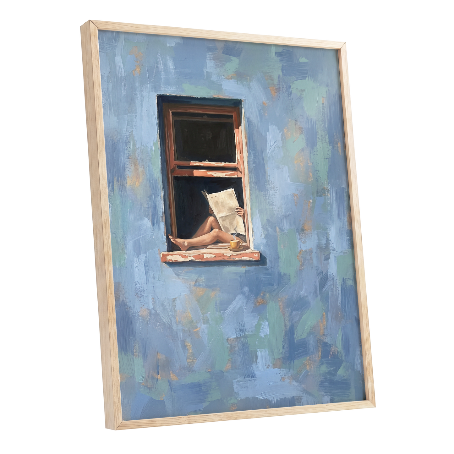Window Seat Reverie, blue, green, brown abstract wall art shown as a oak framed poster wall art print