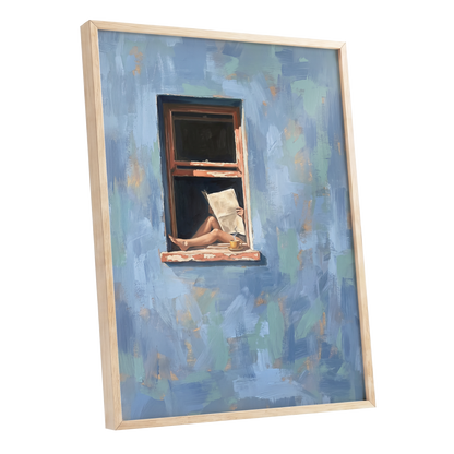 Window Seat Reverie, blue, green, brown abstract wall art shown as a oak framed poster wall art print