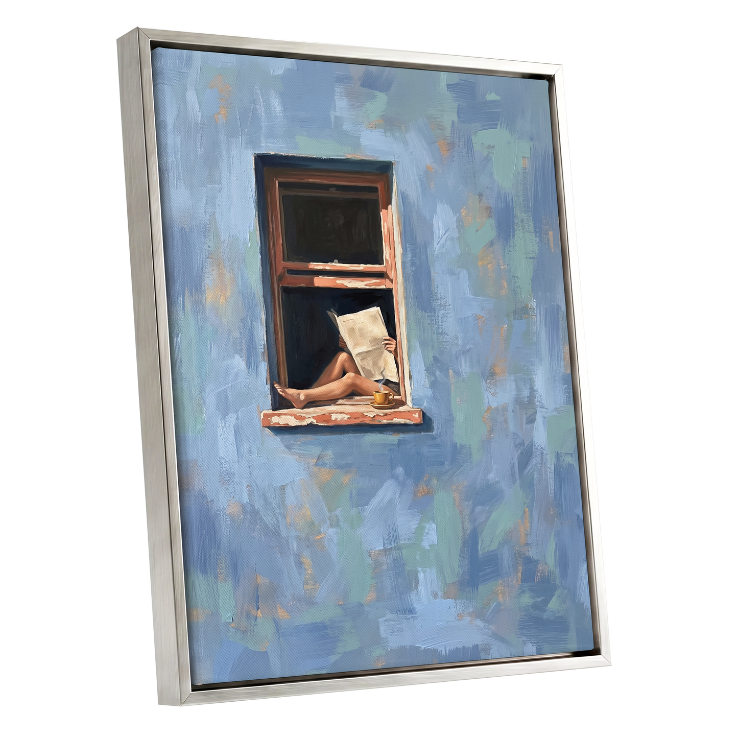 Window Seat Reverie, blue, green, brown abstract wall art shown as a silver framed canvas wall art