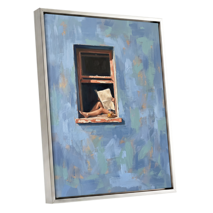 Window Seat Reverie, blue, green, brown abstract wall art shown as a silver framed canvas wall art